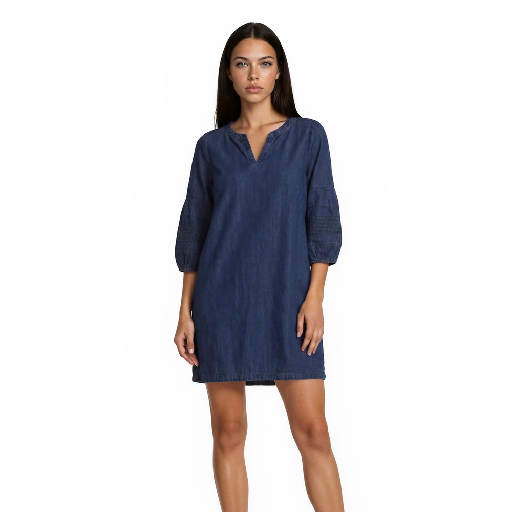 Talbots Denim Jean Shift Dress Women's Size 8 Blue Smocked 3/4 Sleeve Indigo